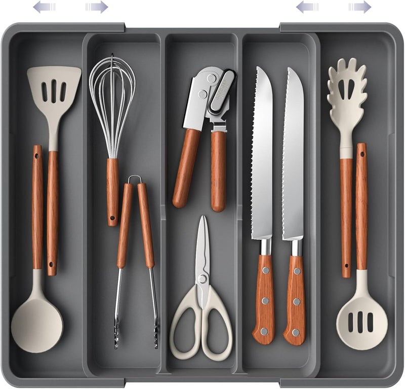 AUJEN Silverware Organizer - Expandable Kitchen Drawer Organizer, Adjustable Utensil Organizer, Cutlery Tray for Forks, Knives, Multipurpose Kitchen Organizers and Storage Solution, Grey, X-Large - Image 1